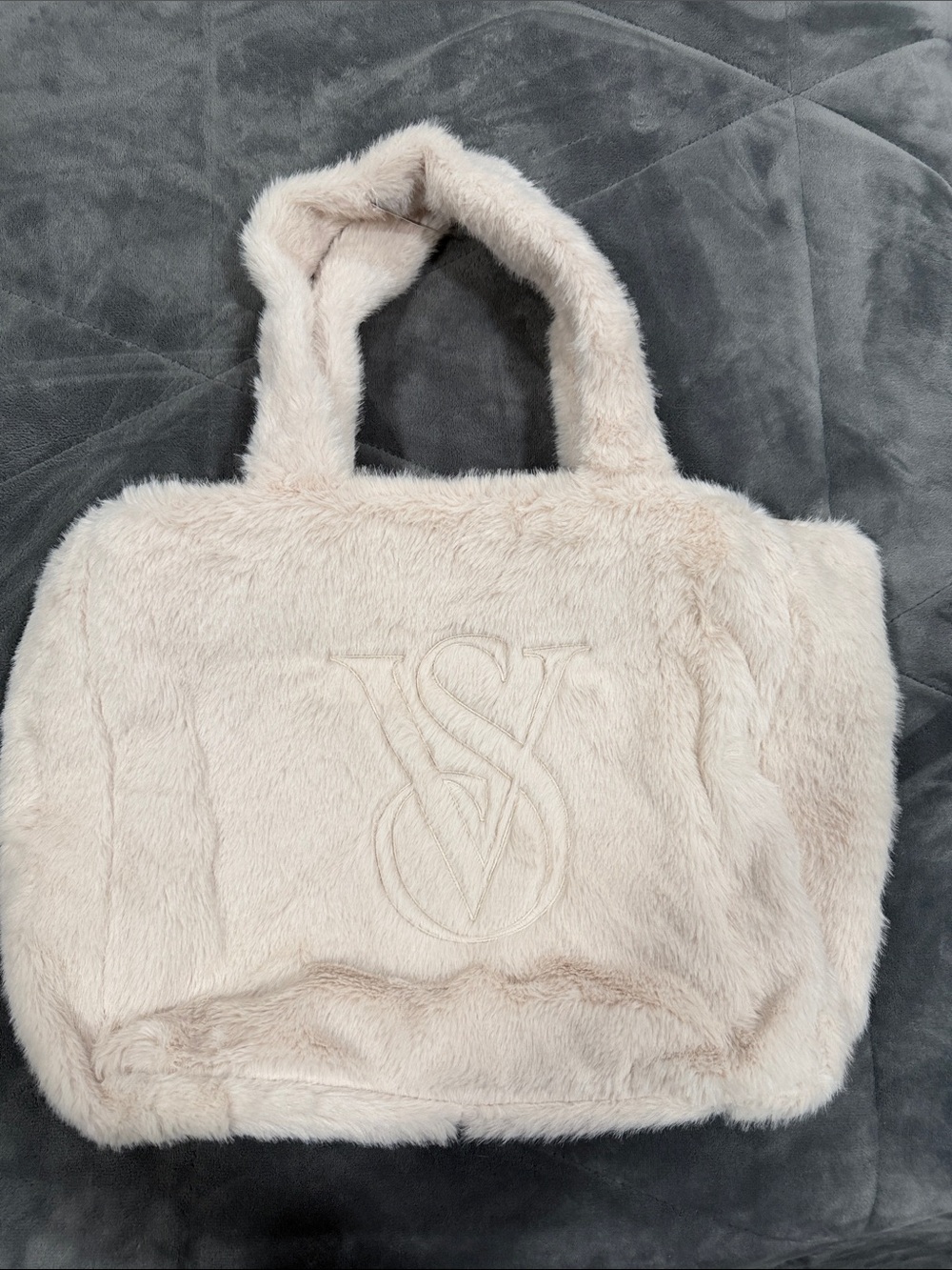 Victoria's Secret Cream Faux Fur Tote with Embossed VS
